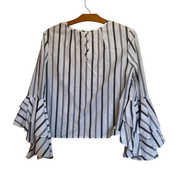 Milly Gabby Stripe Bell Sleeve Top Pinstriped High-Neck Ruffle White Office 4 - Picture 2 of 11